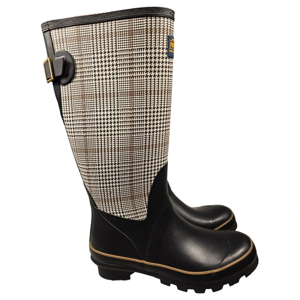 Pendleton Women Black Glen Plaid Tall Rubber Rain Boots Waterproof Lug Sole 8